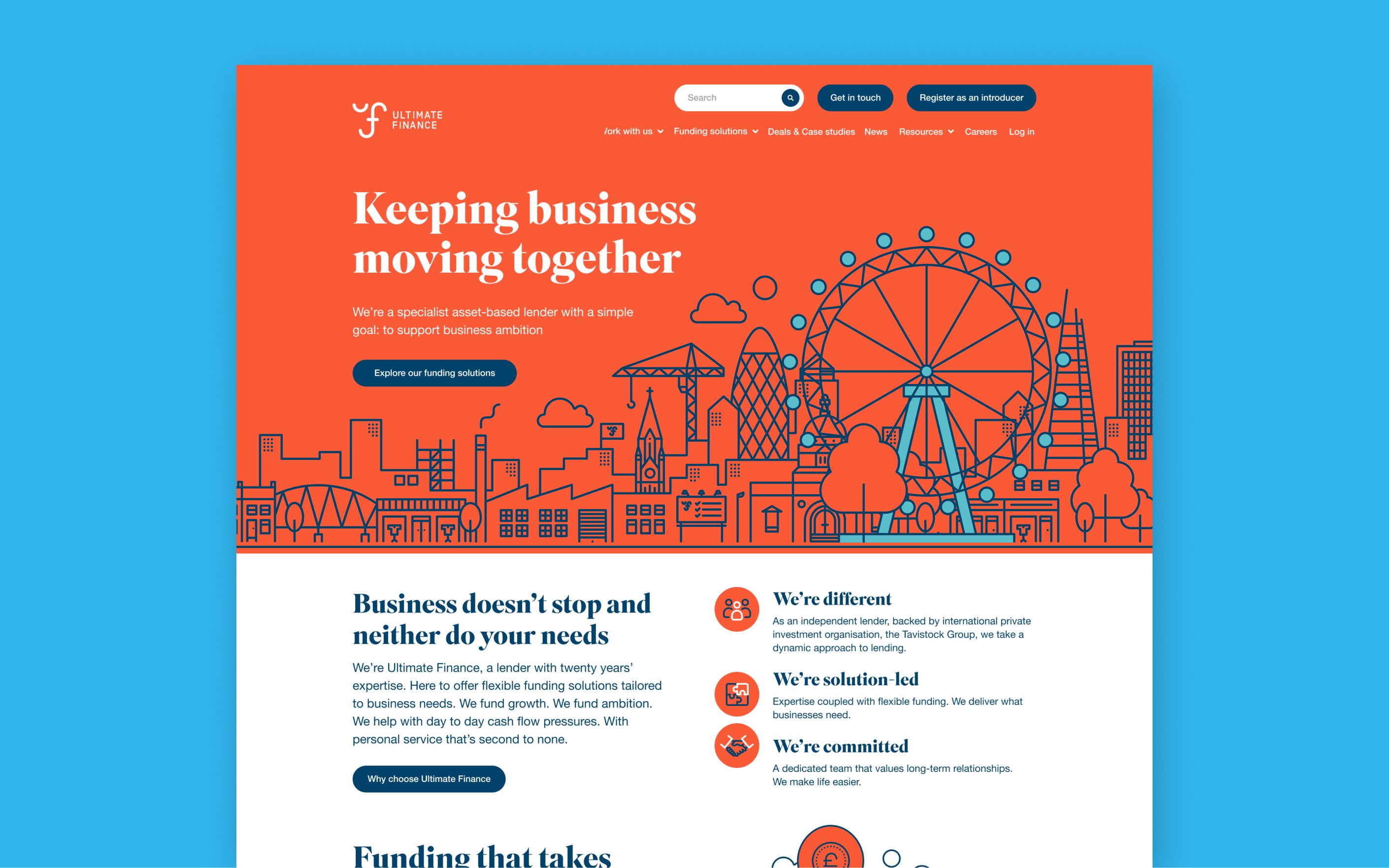 Ultimate Finance website homepage with orange header featuring illustrated London cityscape and ferris wheel, business funding content below