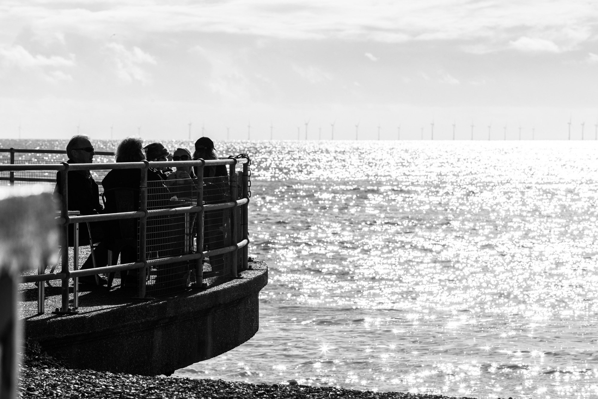 People standing on waterfront observation platform overlooking sparkling water on sunny day
