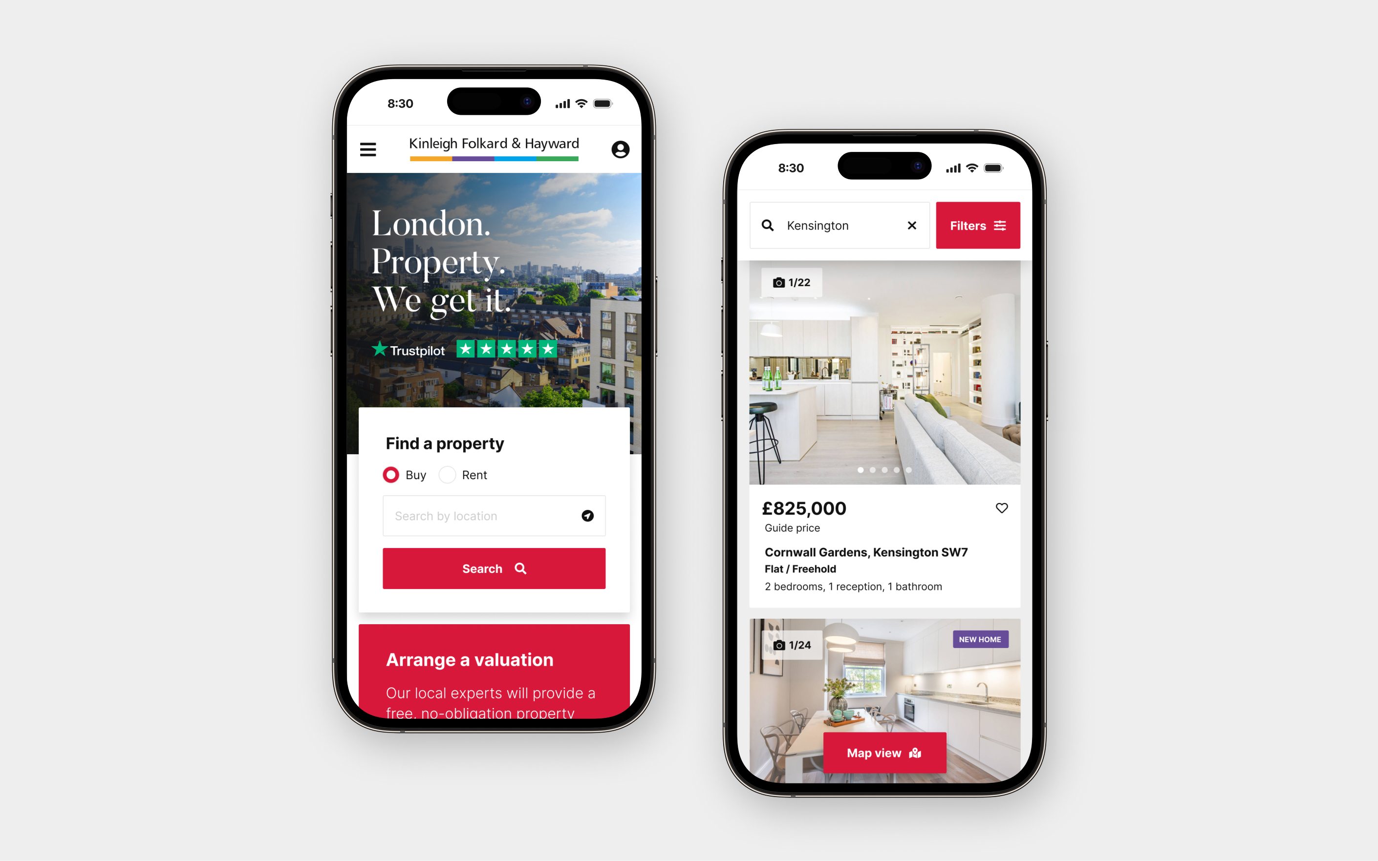 Two mobile phones showing Kinleigh Folkard Hayward property app interface with search functionality and property listings in Kensington