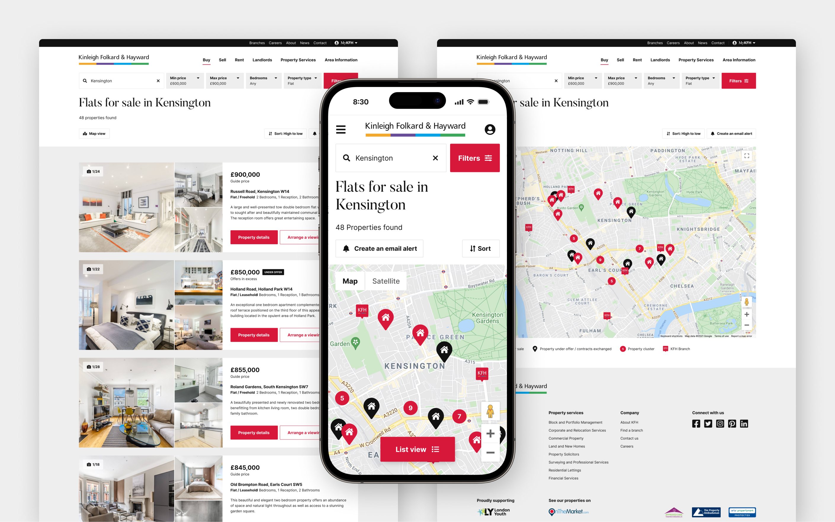 Real estate website showing Kensington property listings on desktop, mobile and map view with search filters