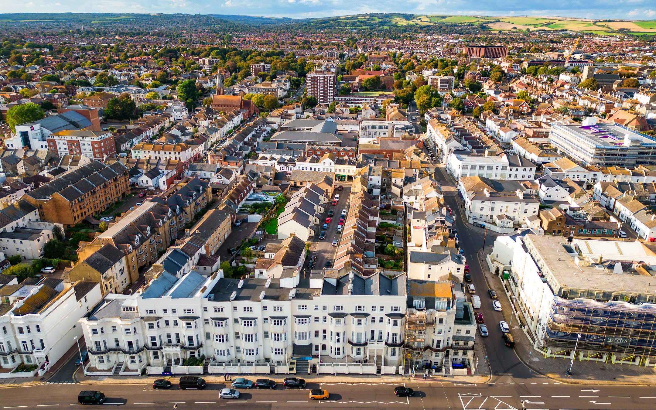 Aerial view of Worthing town center showing residential streets, Victorian terraced houses, and urban development