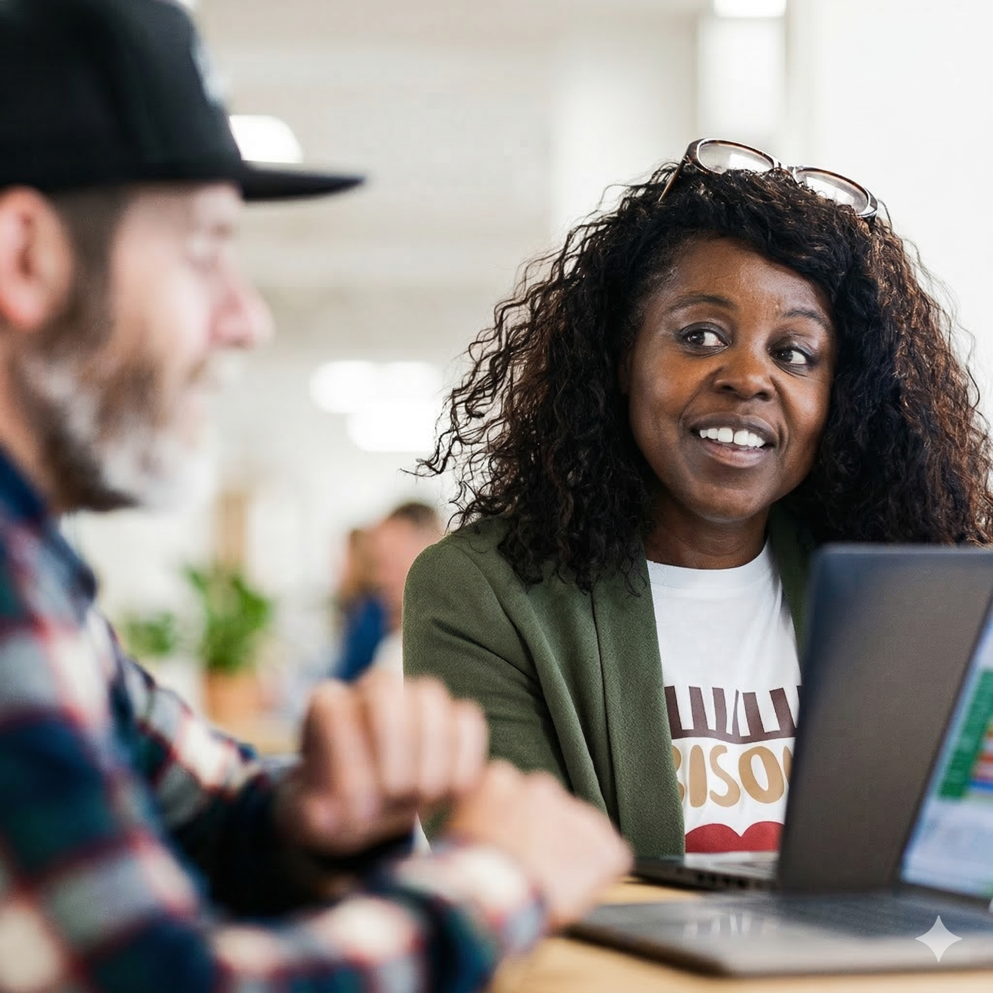 Smiling woman with curly hair in green blazer sitting at laptop next to colleague in office setting