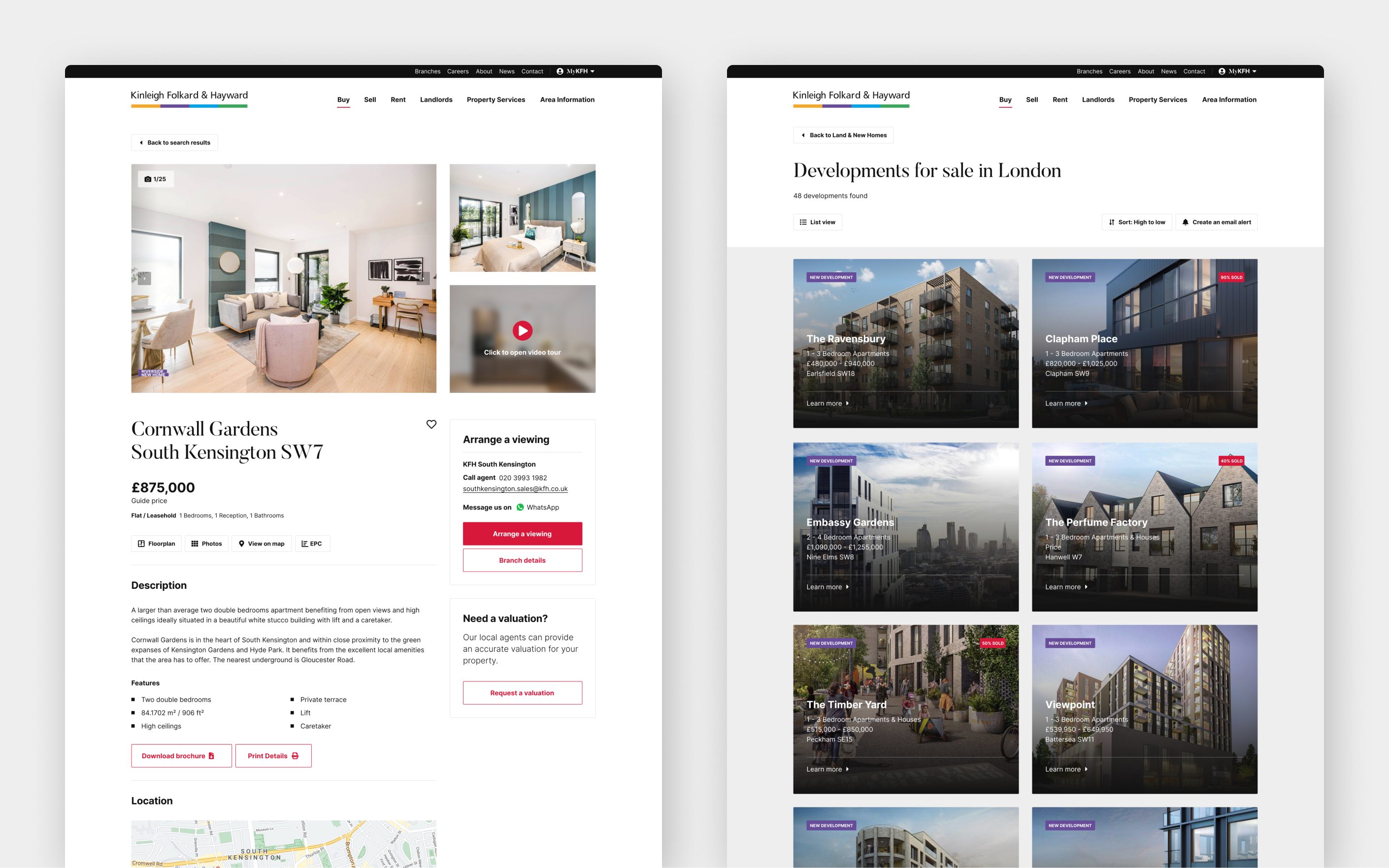 Real estate website showing property listings and development details for London properties with property images and pricing