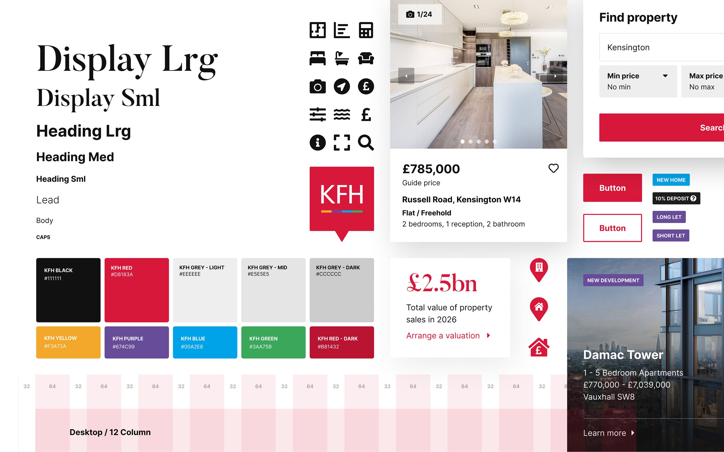 Property search website interface showing KFH branding, color palette options, typography samples, and property listings with prices and details