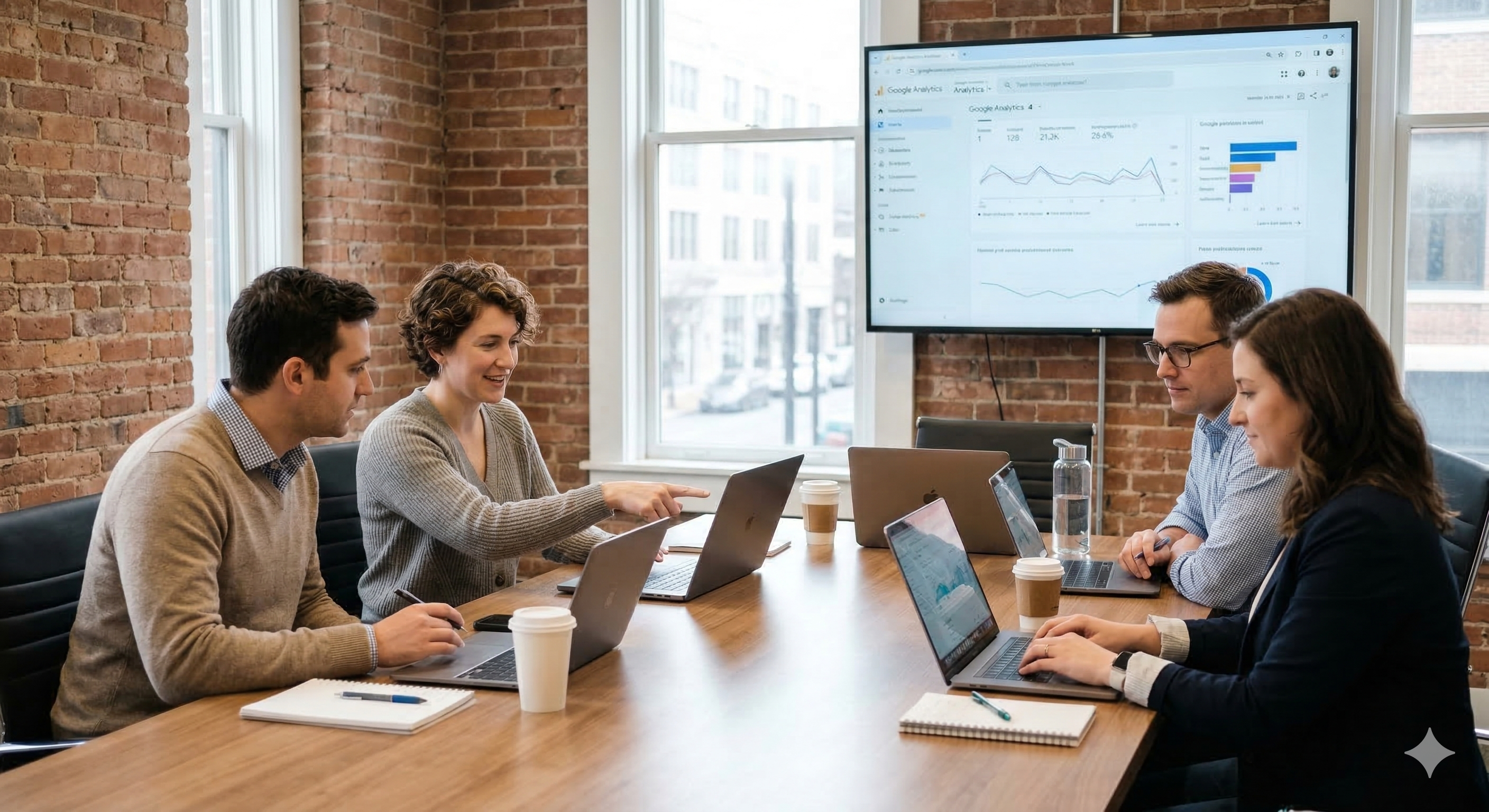 Four professionals in business meeting around conference table with laptops and analytics dashboard on wall screen