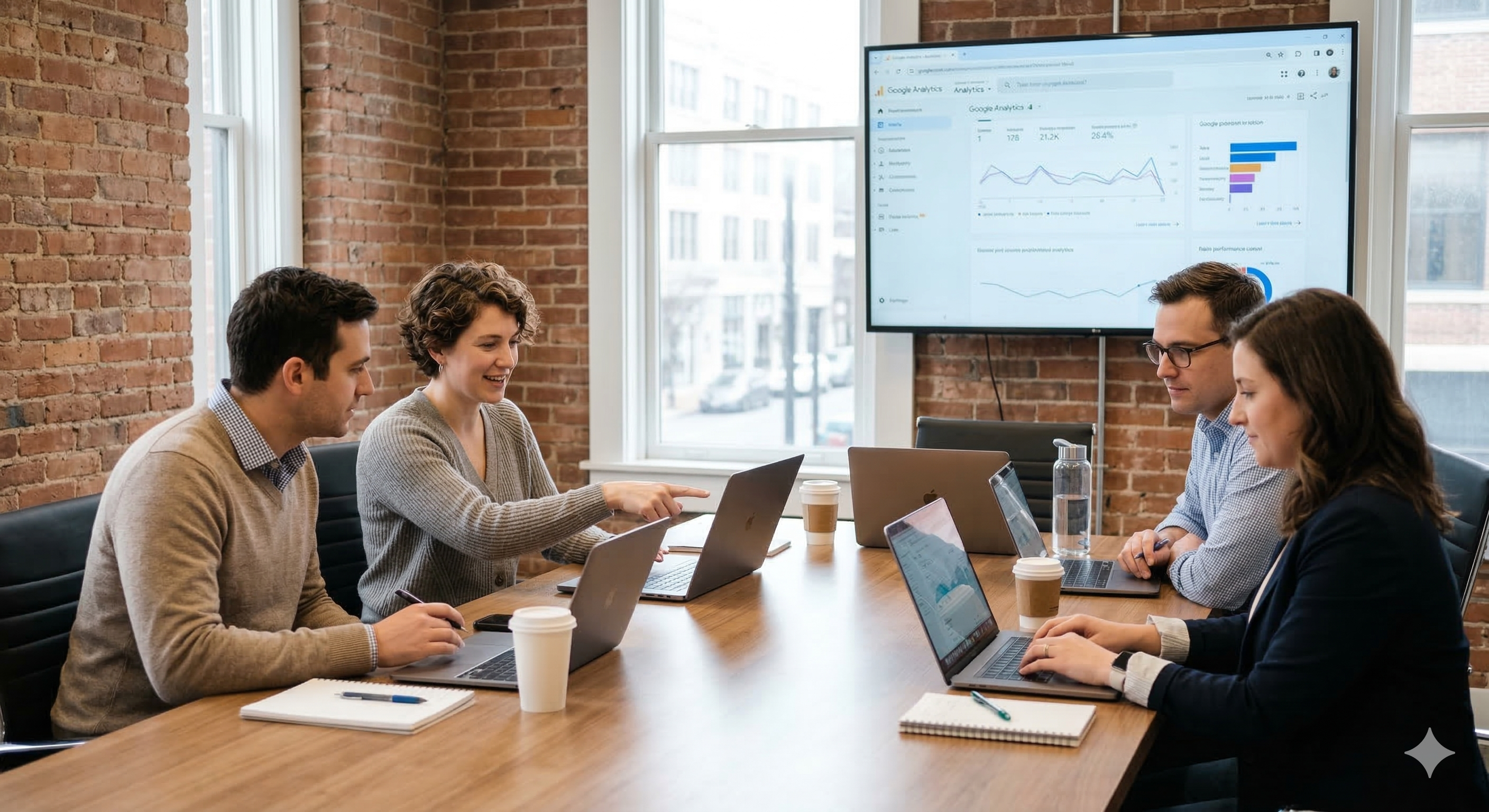 Four professionals collaborating around conference table with laptops, coffee cups, and analytics dashboard displayed on wall-mounted screen in modern brick office