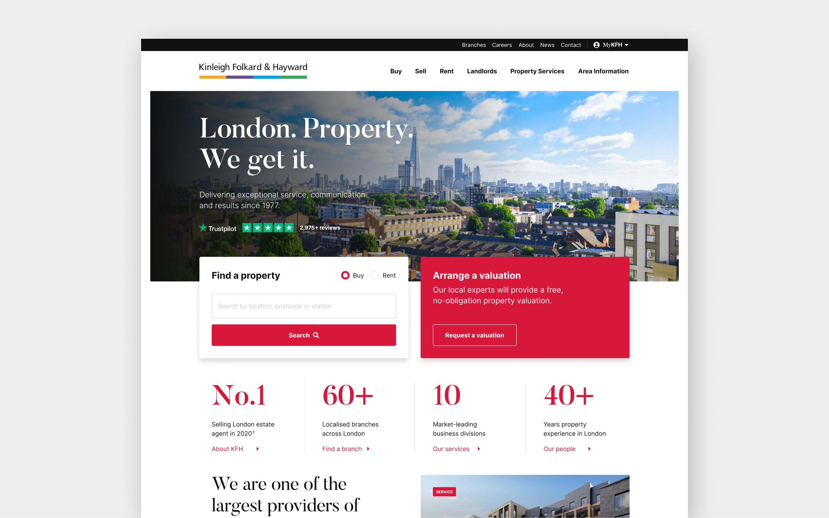 Kinleigh Folkard & Hayward property website homepage showing London skyline with search functionality and valuation options
