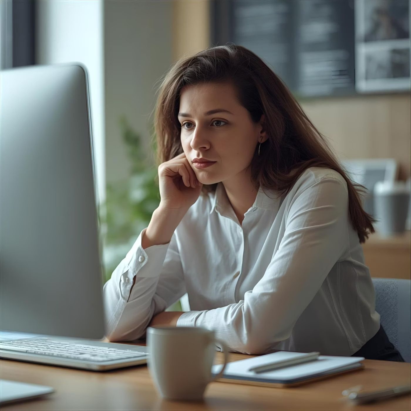 Professional woman in white shirt working on laptop at modern office desk with coffee cup and documents