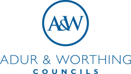 Adur & Worthing Councils logo featuring blue circular emblem with A&W letters and blue text below