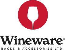Wineware logo with white wine glass icon in red circle above black text