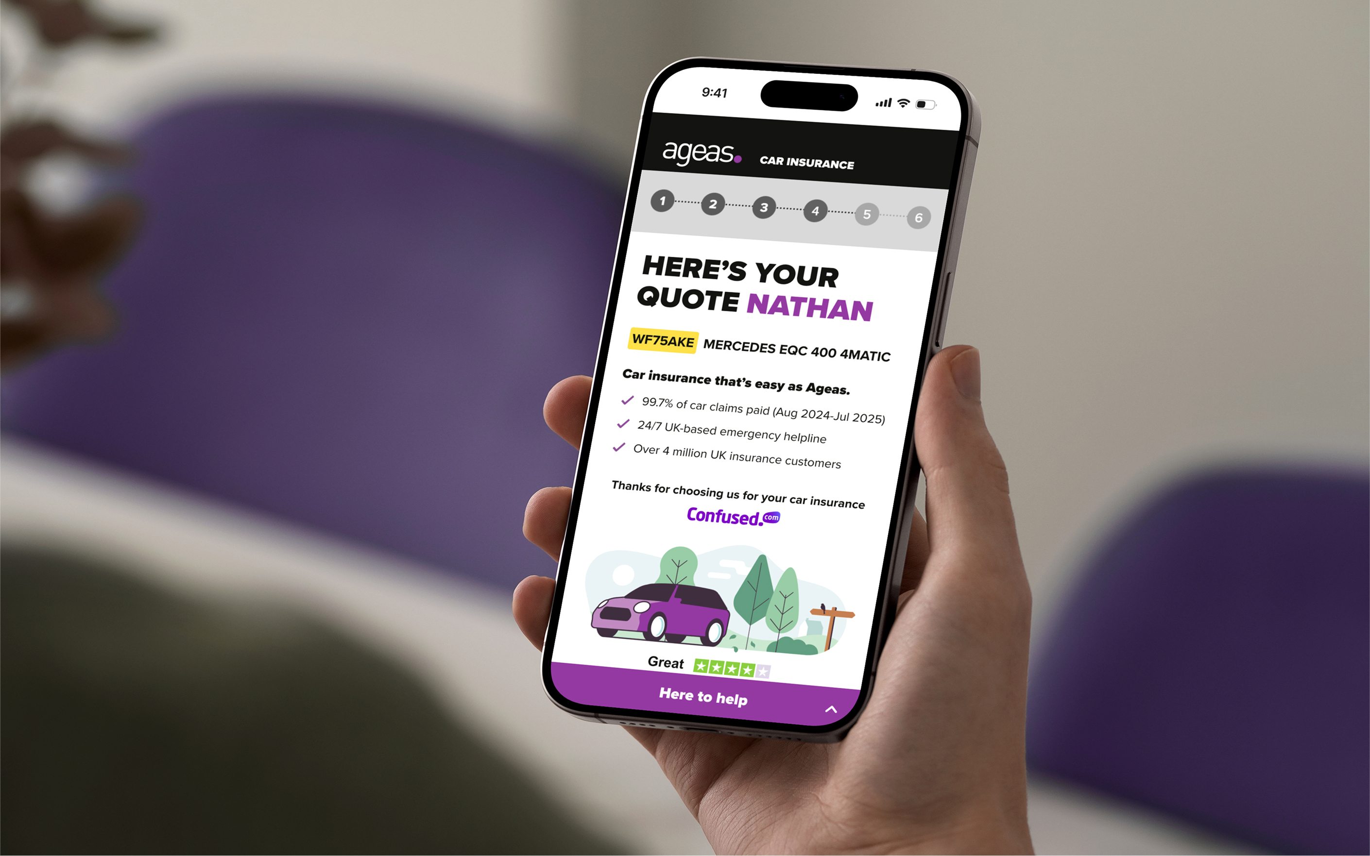 Hand holding smartphone displaying Ageas car insurance quote results page for Nathan with purple branding