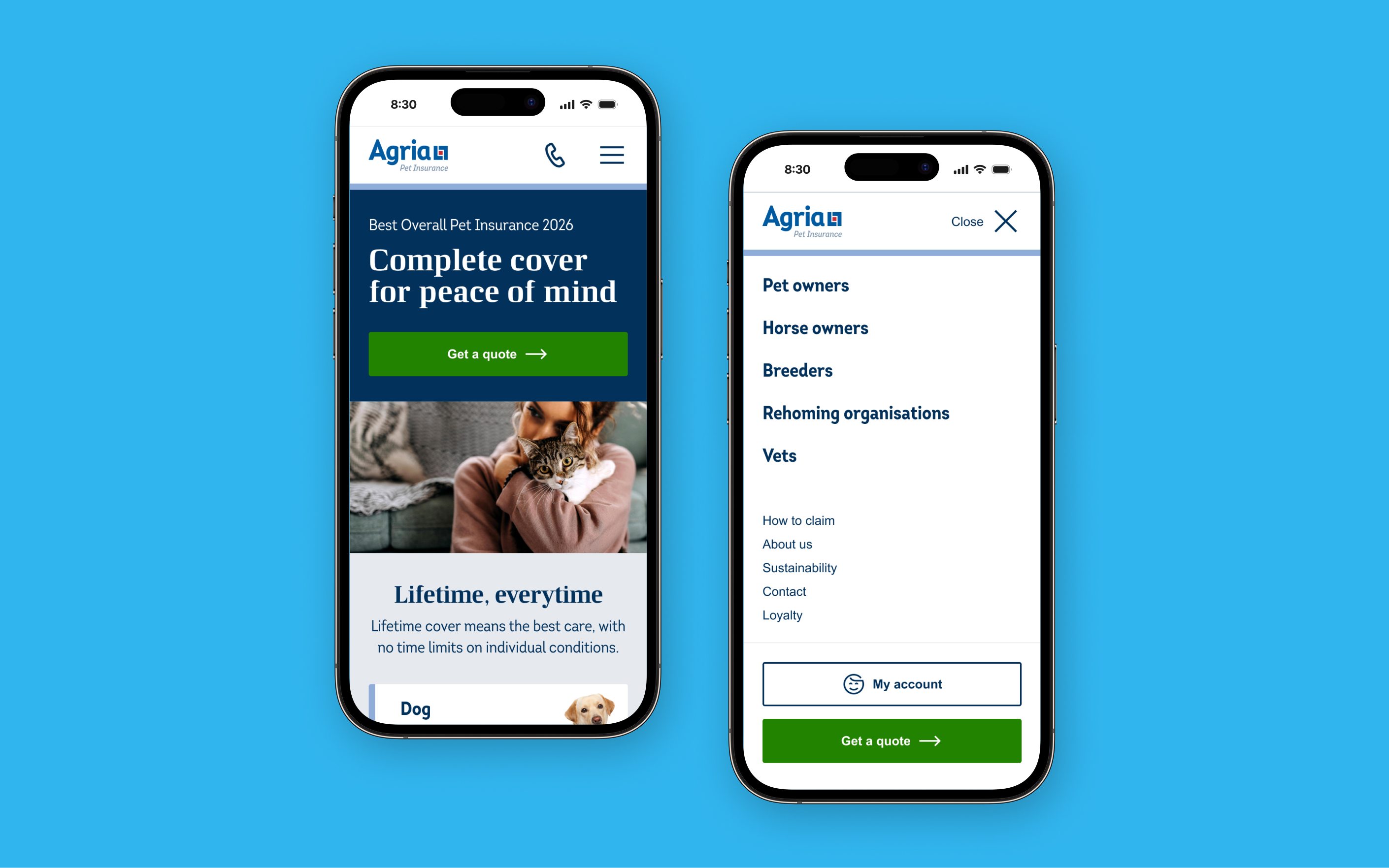Two mobile phones displaying Agria Pet Insurance app interface with menu navigation and quote options