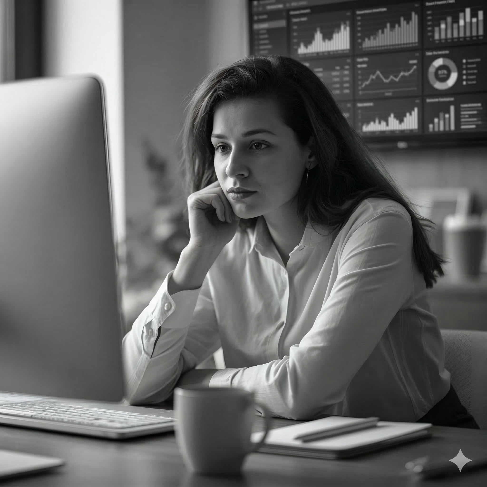 Woman in white shirt working at laptop with data analytics charts displayed on wall monitor in modern office