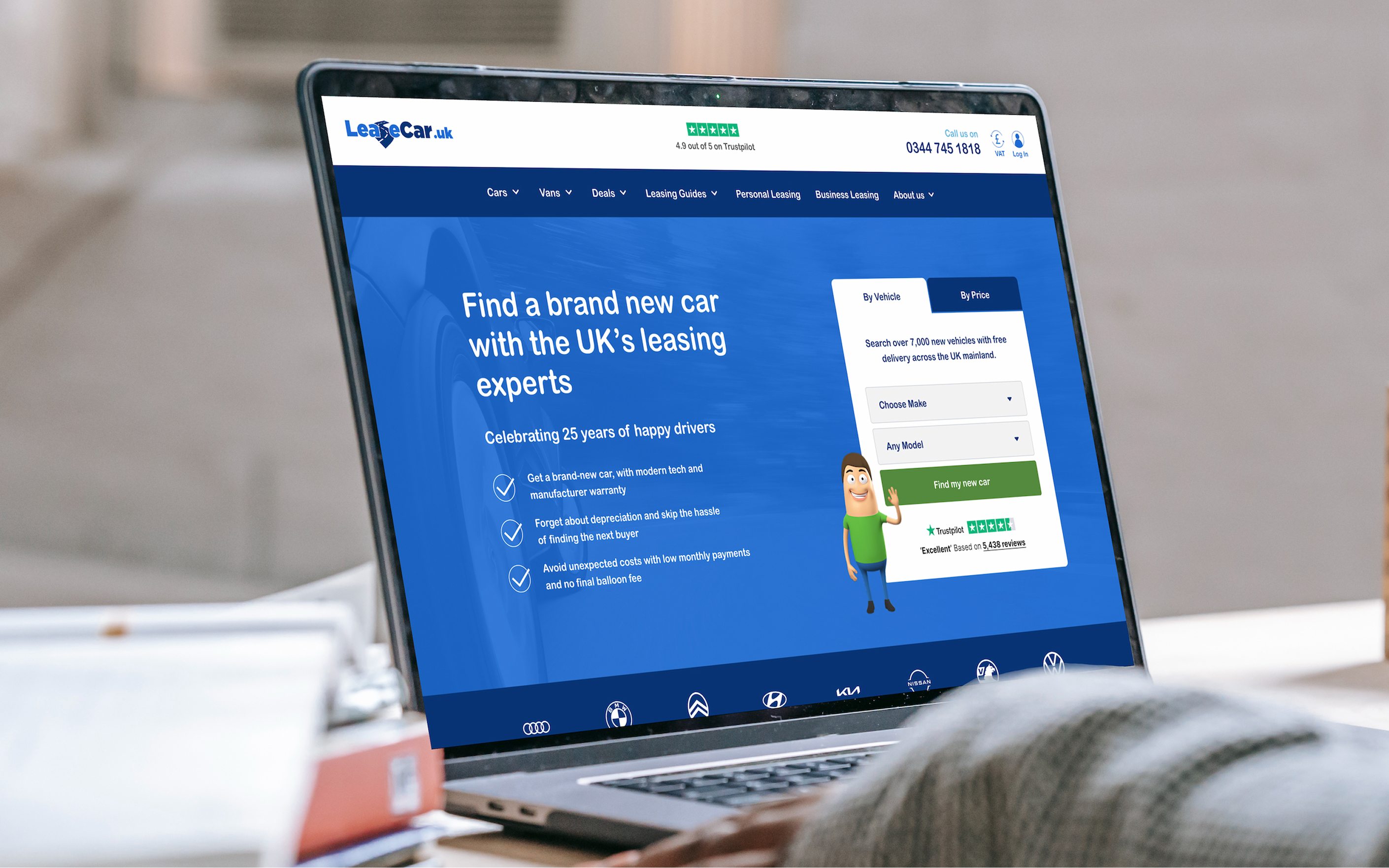 Laptop displaying LeaseCar.uk website homepage with blue design and car leasing search form
