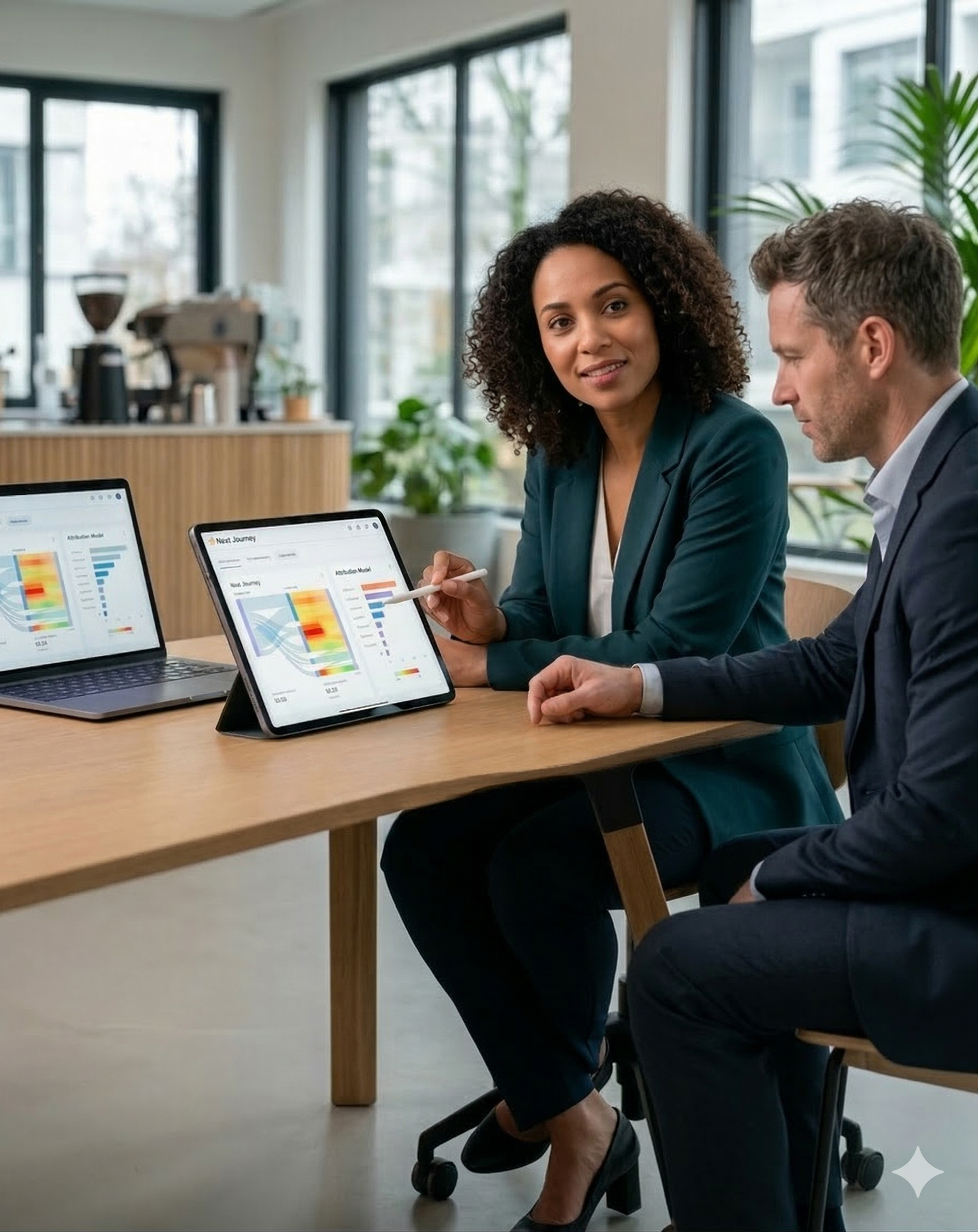 Two business professionals in suits reviewing data analytics on laptop and tablet at modern office table