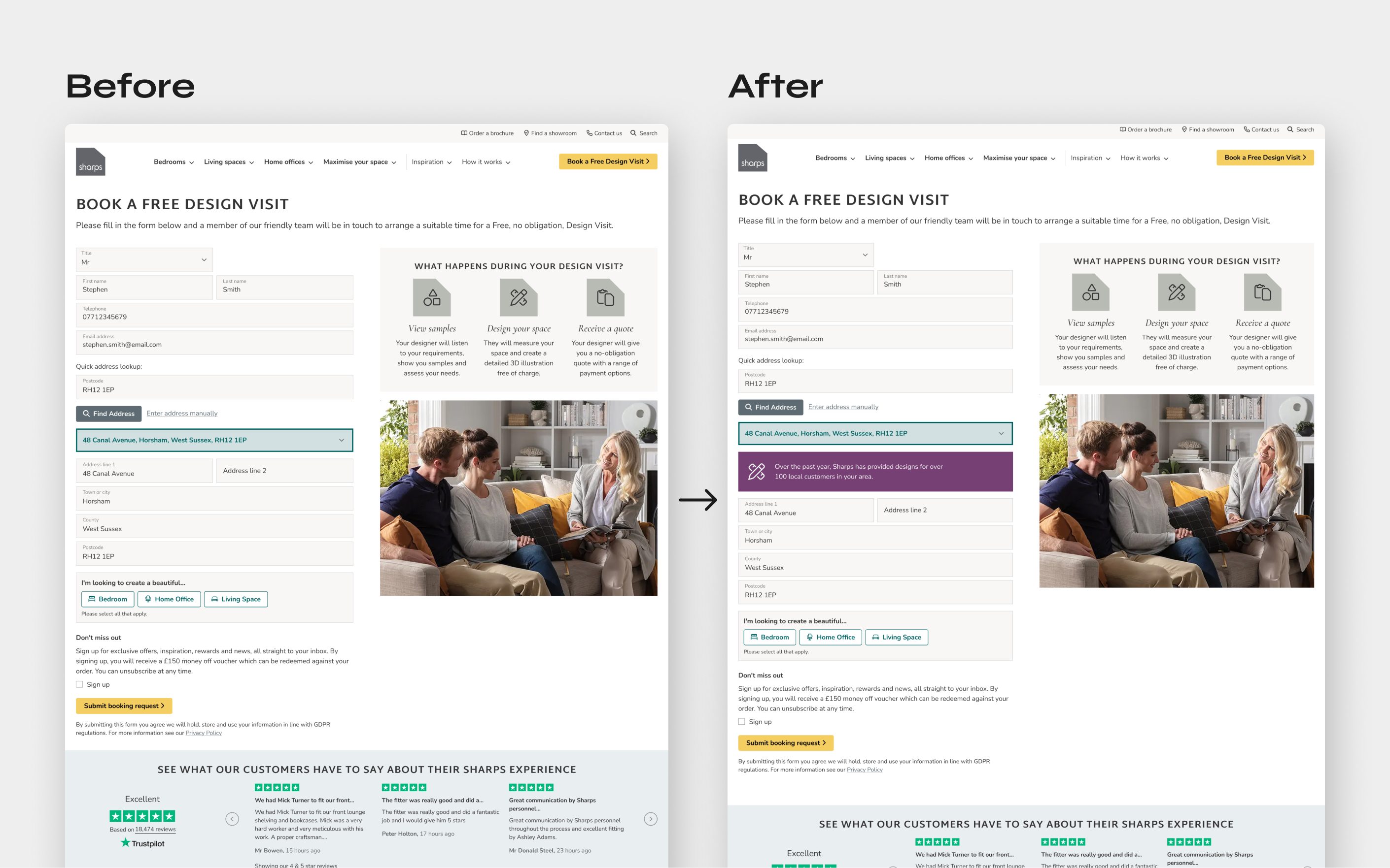 Before and after comparison of a booking form redesign showing improved layout and social proof elements