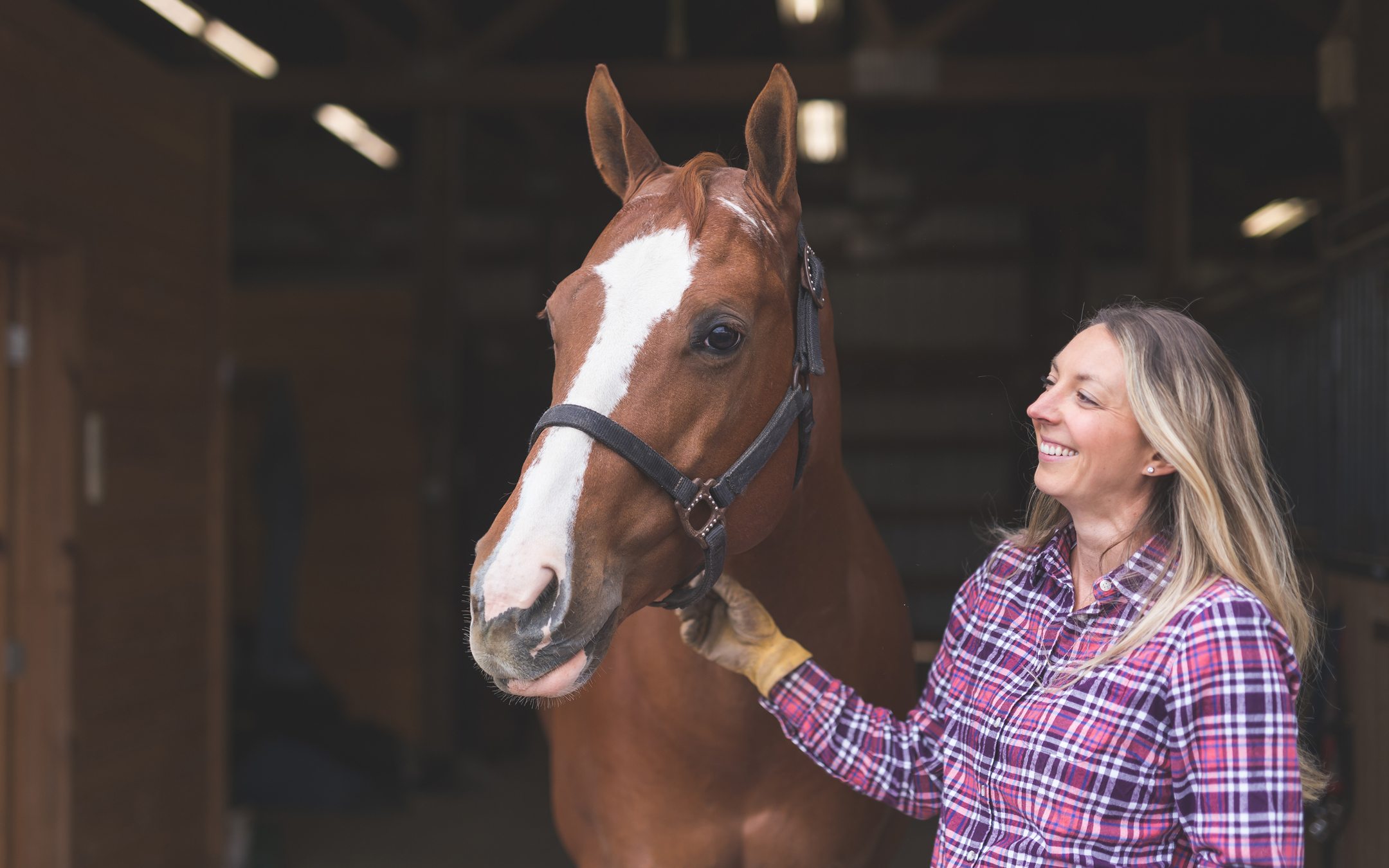 Woman in plaid shirt smiling while petting a chestnut horse with white markings in a stable