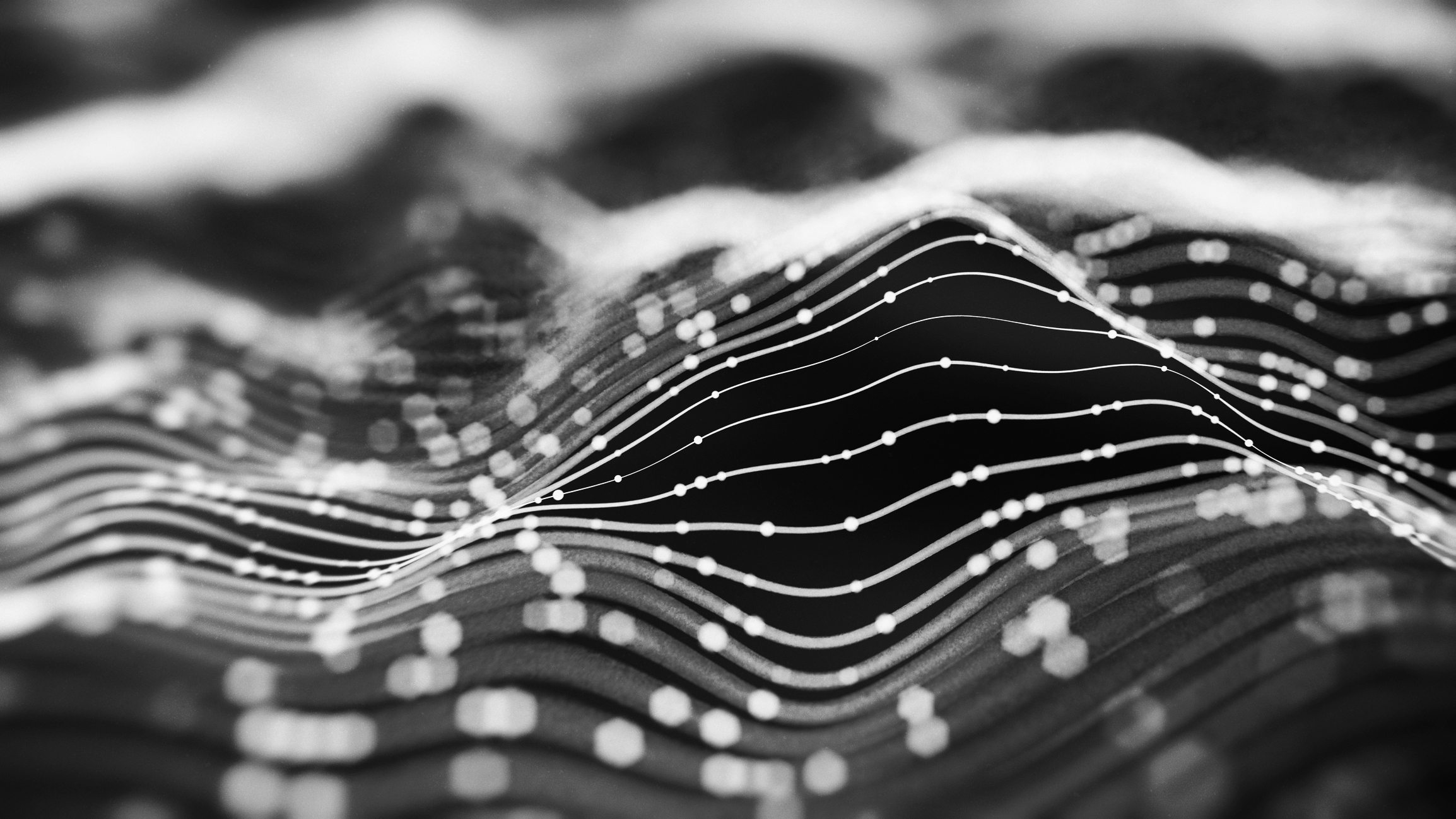 Abstract digital data visualisation showing flowing wavy lines with glowing dots on a dark background