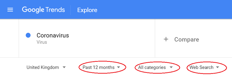 Screenshot showing filters in Google Trends