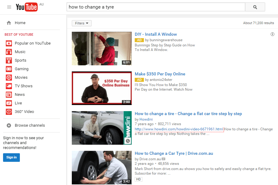 YouTube SERPs screenshot: how to change a tyre