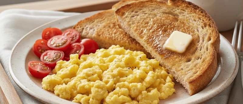 Scrambled eggs, toast and tomatoes