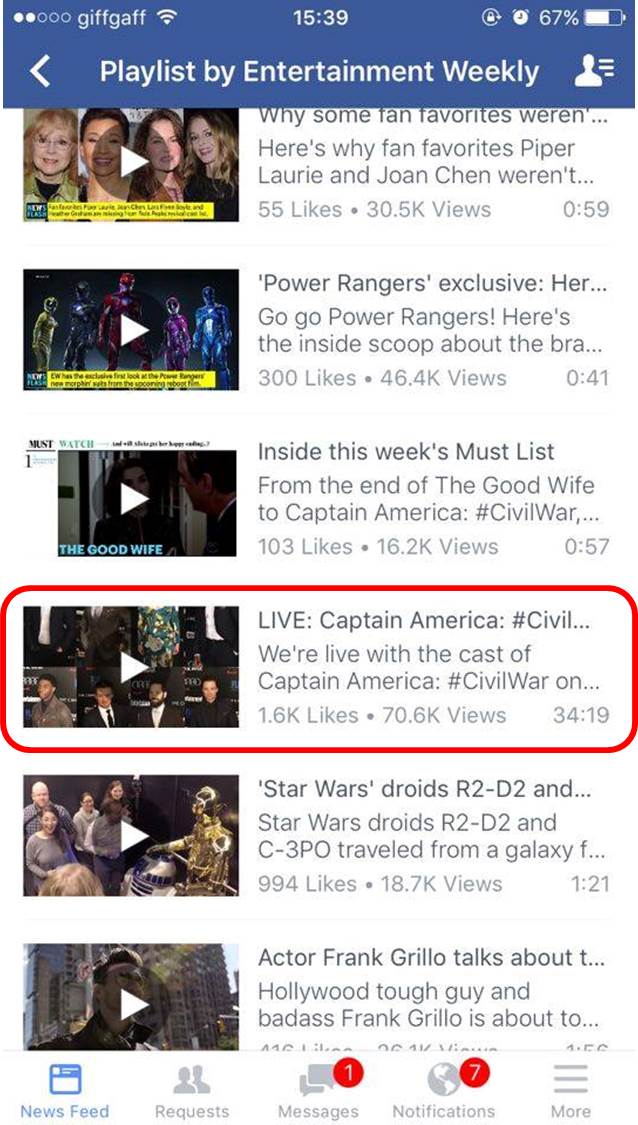 Entertainment Weekly's previous live video in its 'videos' folder on Facebook