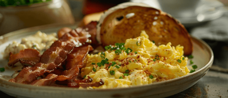 Scrambled egg, bacon and sourdough toast