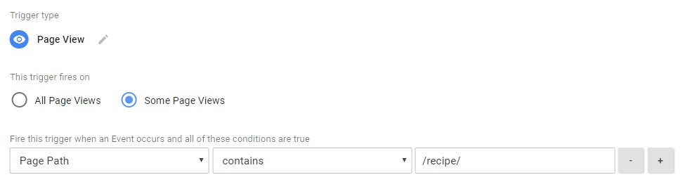 Google Tag Manager setting for only firing container on /recipe/ pages